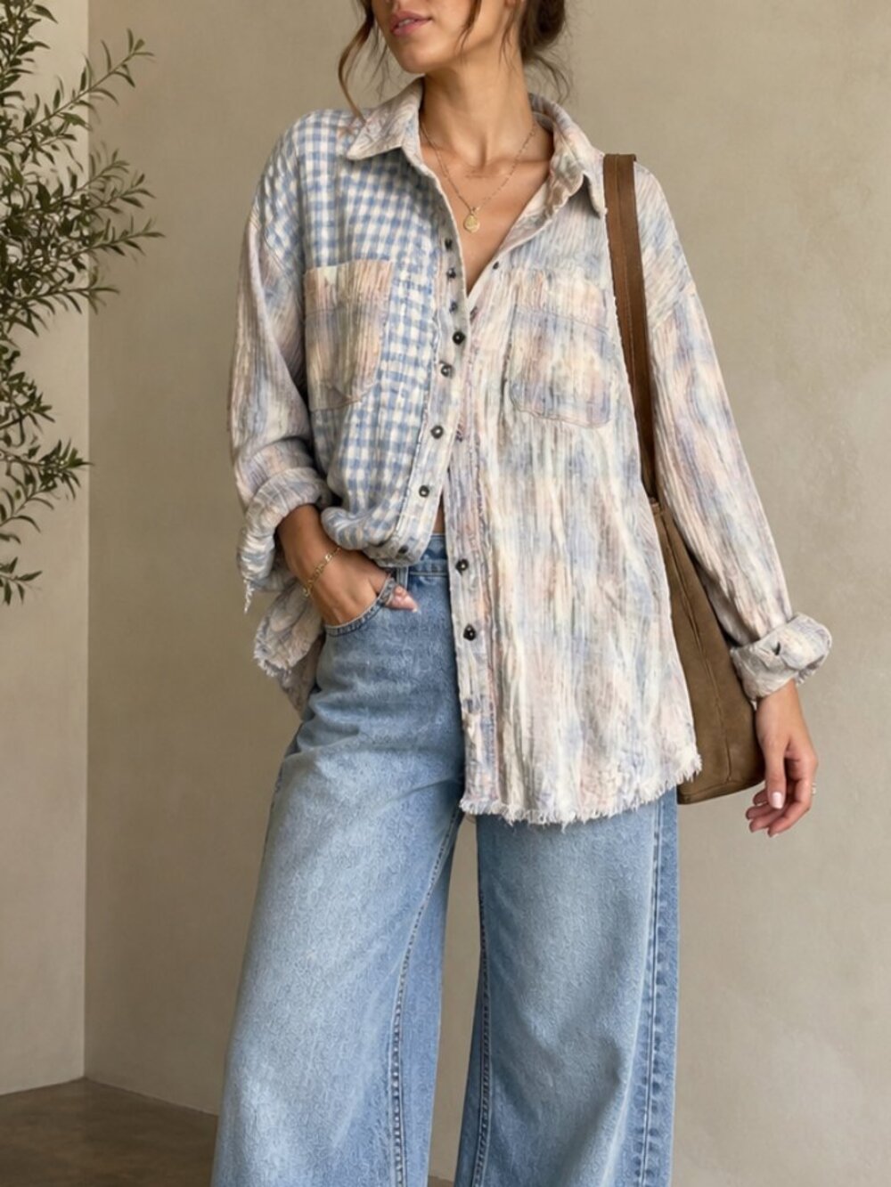 Free People Love Contagious Plaid Shirt S Oversized Gauze Boho Patchwork Raw Hem